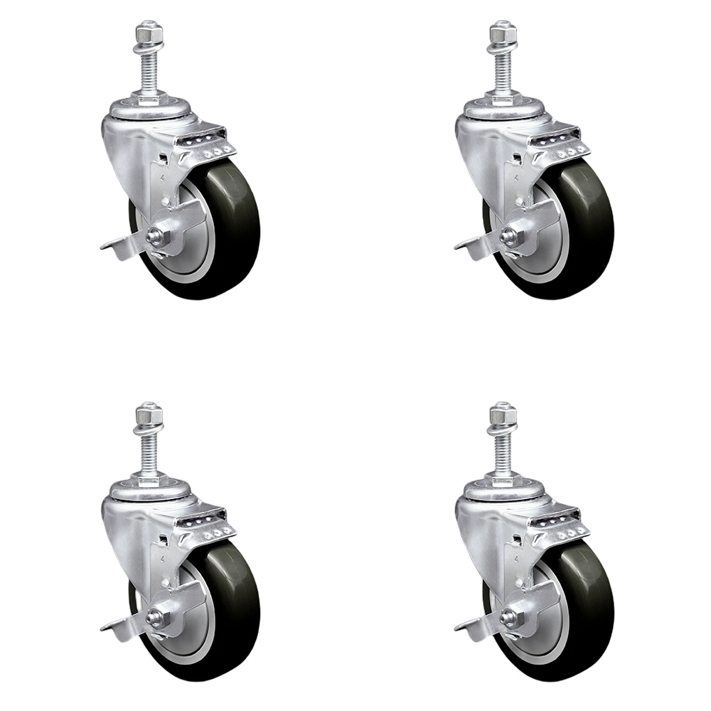 SCC-SSTS20S414-PPUB-BLK-TLB-M1015-4 Stainless Steel Polyurethane Swivel Threaded Stem Caster with 4 x 1.25 in. Black Wheels & 10 mm Stems - Set of 4