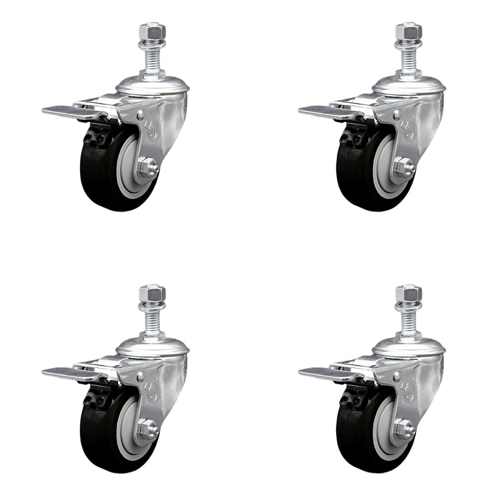 Stainless Steel Polyurethane Swivel Threaded Stem Caster with 3.5 x 1.25 in. Black Wheels & 12 mm Stems - Set of 4