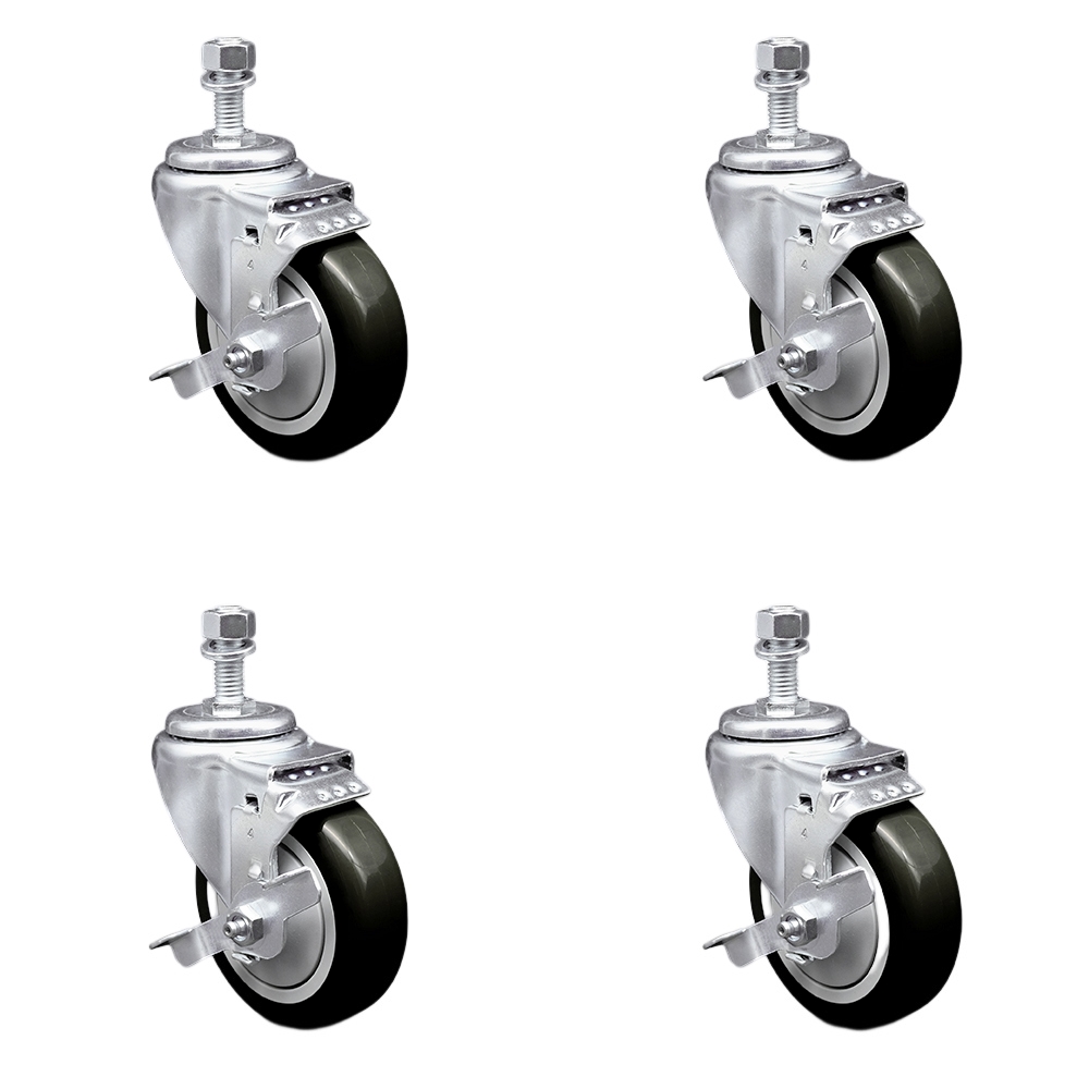 SCC-SSTS20S414-PPUB-BLK-TLB-M1215-4 Stainless Steel Polyurethane Swivel Threaded Stem Caster with 4 x 1.25 in. Black Wheels & 12 mm Stems - Set of 4