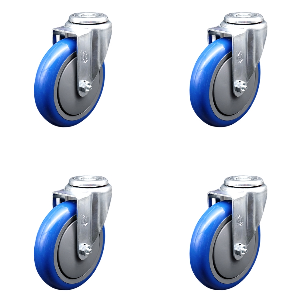 SCC-SSBH20S514-PPUB-BLUE-4 Stainless Steel Polyurethane Swivel Bolt Hole Caster with 5 x 1.25 in. Blue Wheels - Set of 4
