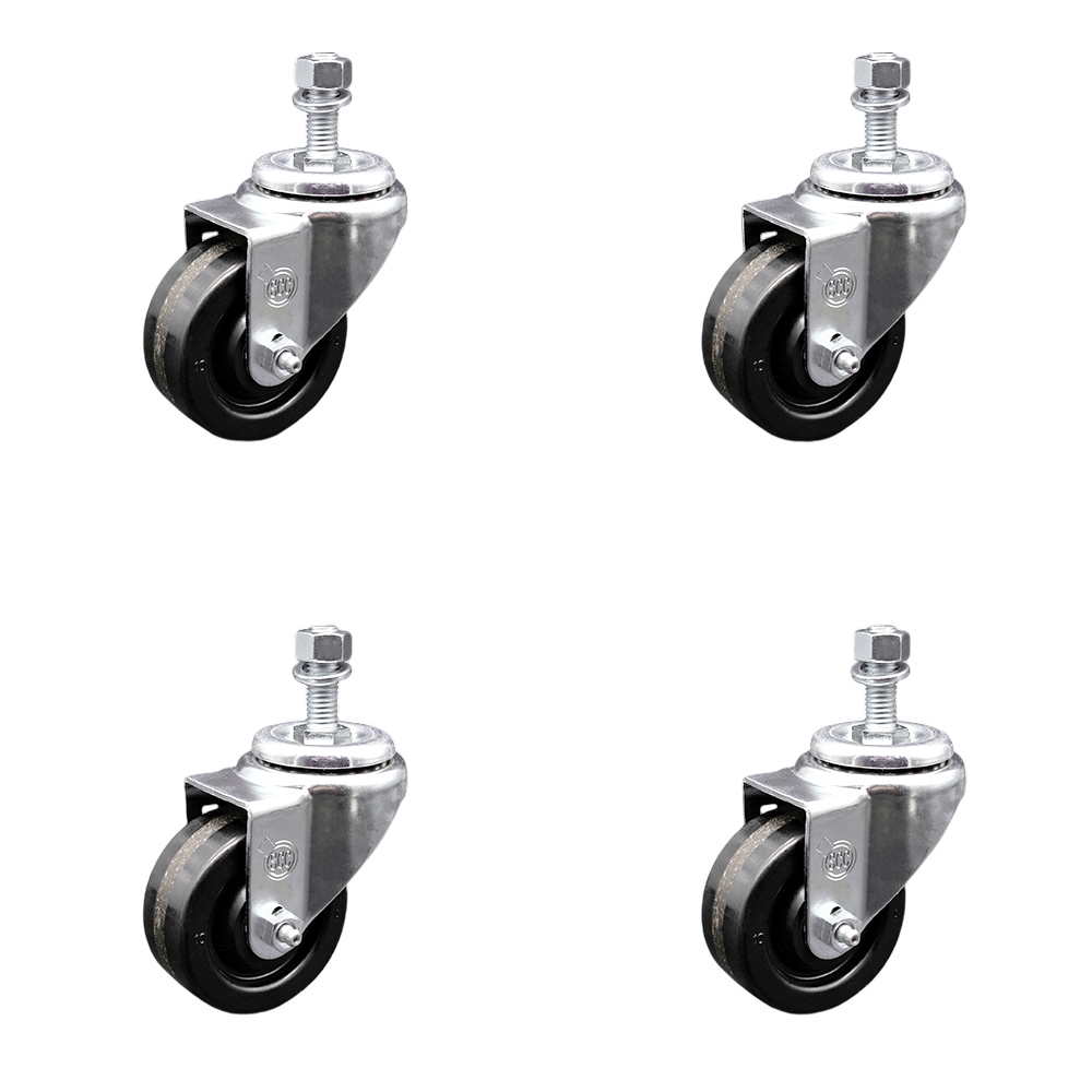 SCC-SSSSTS20S314-PHS-381615-4 Stainless Steel Phenolic Swivel Threaded Stem Caster with 3 x 1.25 in. Black Wheels & 0.38 in. Stems - Set of 4