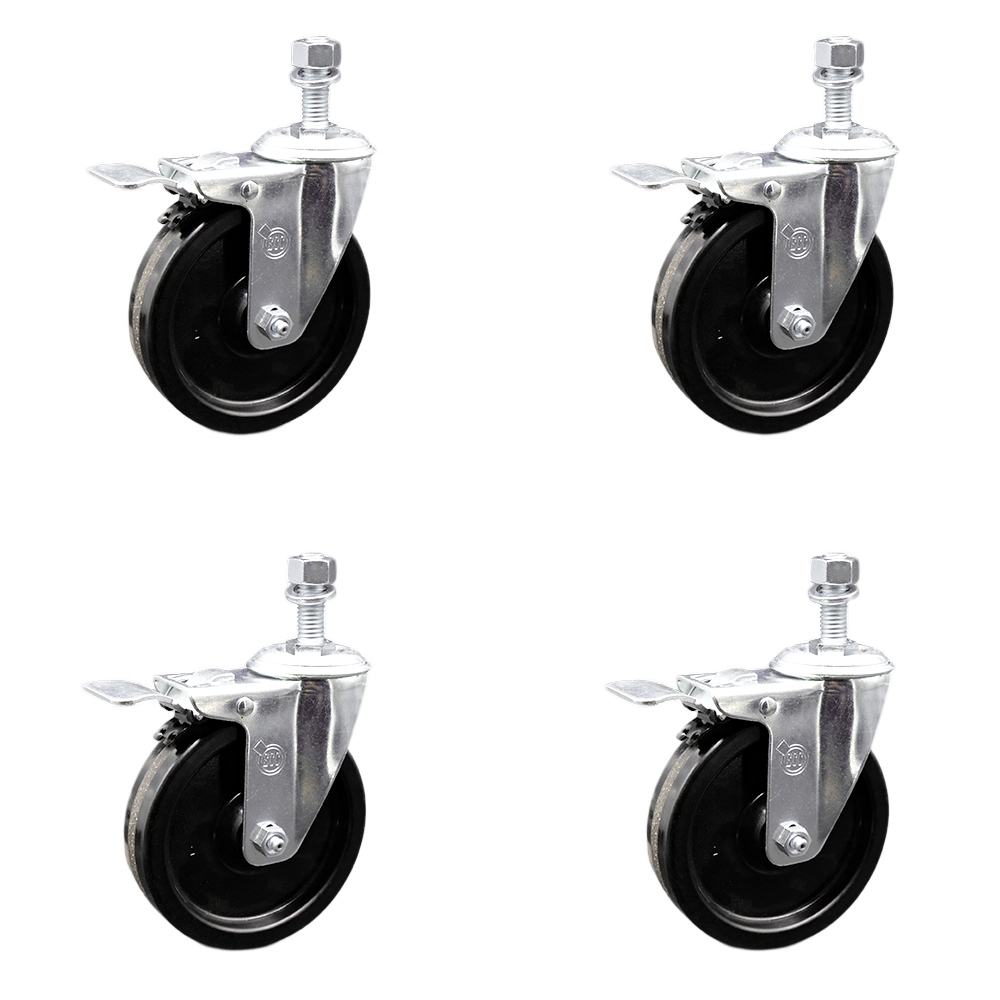 SCC-SSSSTSTTL20S514-PHS-381615-4 Stainless Steel Phenolic Swivel Threaded Stem Caster with 5 x 1.25 in. Black Wheels & 0.38 in. Stems - Set of 4