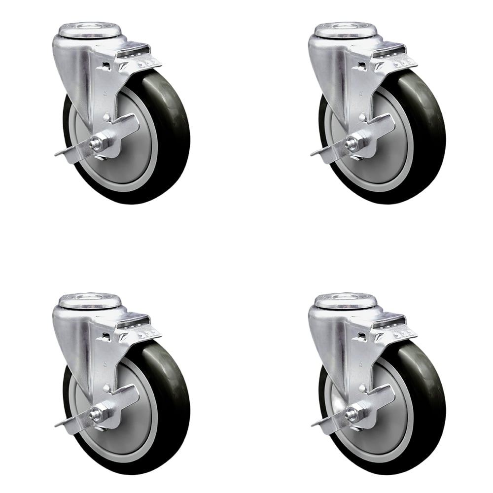 SCC-SSBH20S514-PPUB-BLK-TLB-4 Stainless Steel Polyurethane Swivel Bolt Hole Caster with 5 x 1.25 in. Black Wheels - Set of 4