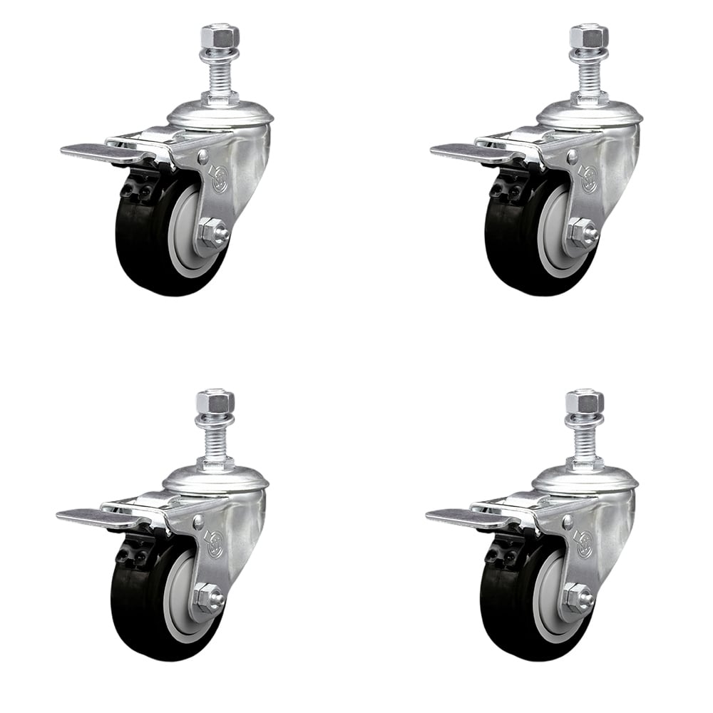 Stainless Steel Polyurethane Swivel Threaded Stem Caster with 3 x 1.25 in. Black Wheels & 0.5 in. Stems - Set of 4