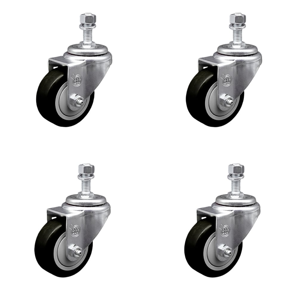 Stainless Steel Polyurethane Swivel Threaded Stem Caster with 3.5 x 1.25 in. Black Wheels & 0.5 in. Stems - Set of 4