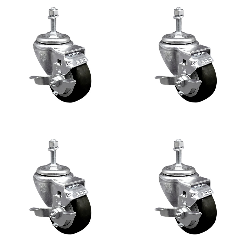SCC-TS20S3514-PPUB-BLK-TLB-381615-4 Polyurethane Swivel Threaded Stem Caster with 3.5 x 1.25 in. Black Wheels & 0.38 in. Stems - Set of 4