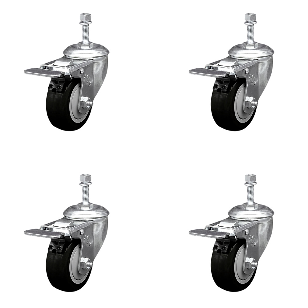 Stainless Steel Polyurethane Swivel Threaded Stem Caster with 3.5 x 1.25 in. Black Wheels & 0.38 in. Stems - Set of 4