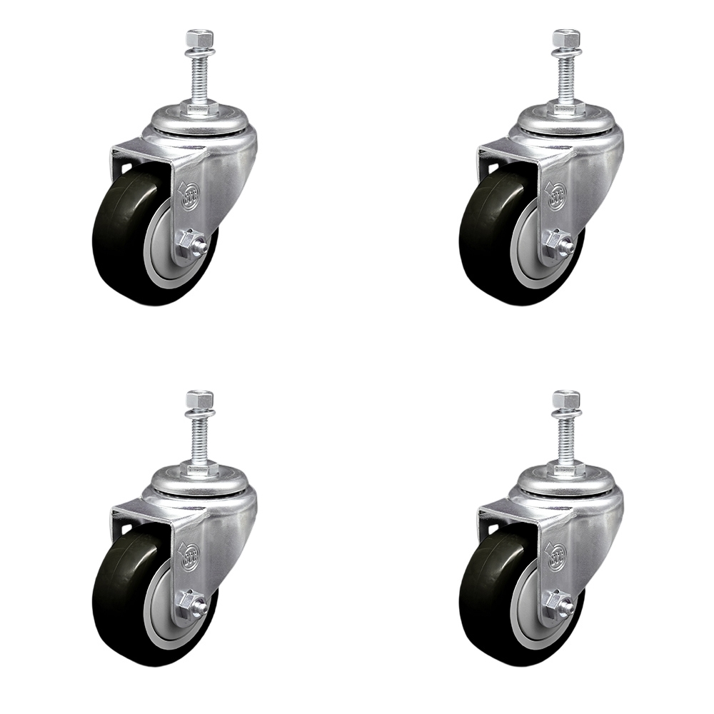 SCC-TS20S314-PPUB-BLK-M1015-4 Polyurethane Swivel Threaded Stem Caster with 3 x 1.25 in. Black Wheels & 10 mm Stems - Set of 4