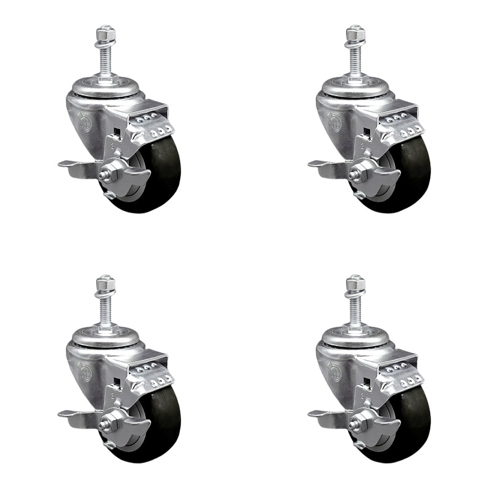 Stainless Steel Polyurethane Swivel Threaded Stem Caster with 3.5 x 1.25 in. Black Wheels & 10 mm Stems - Set of 4
