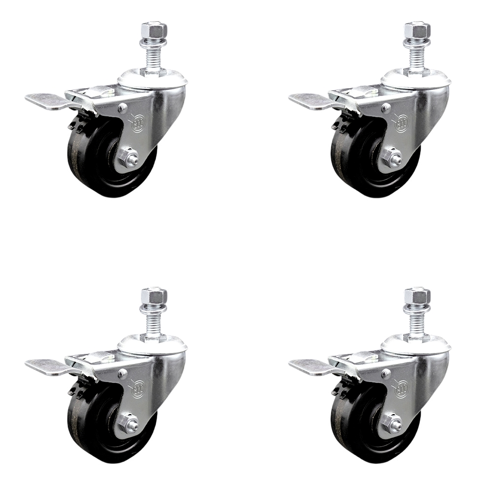 SCC-TSTTL20S3514-PHR-M1215-4 Phenolic Swivel Threaded Stem Caster with Roller Bearing with 3.5 x 1.25 in. Black Wheels & 12 mm Stems - Set of 4