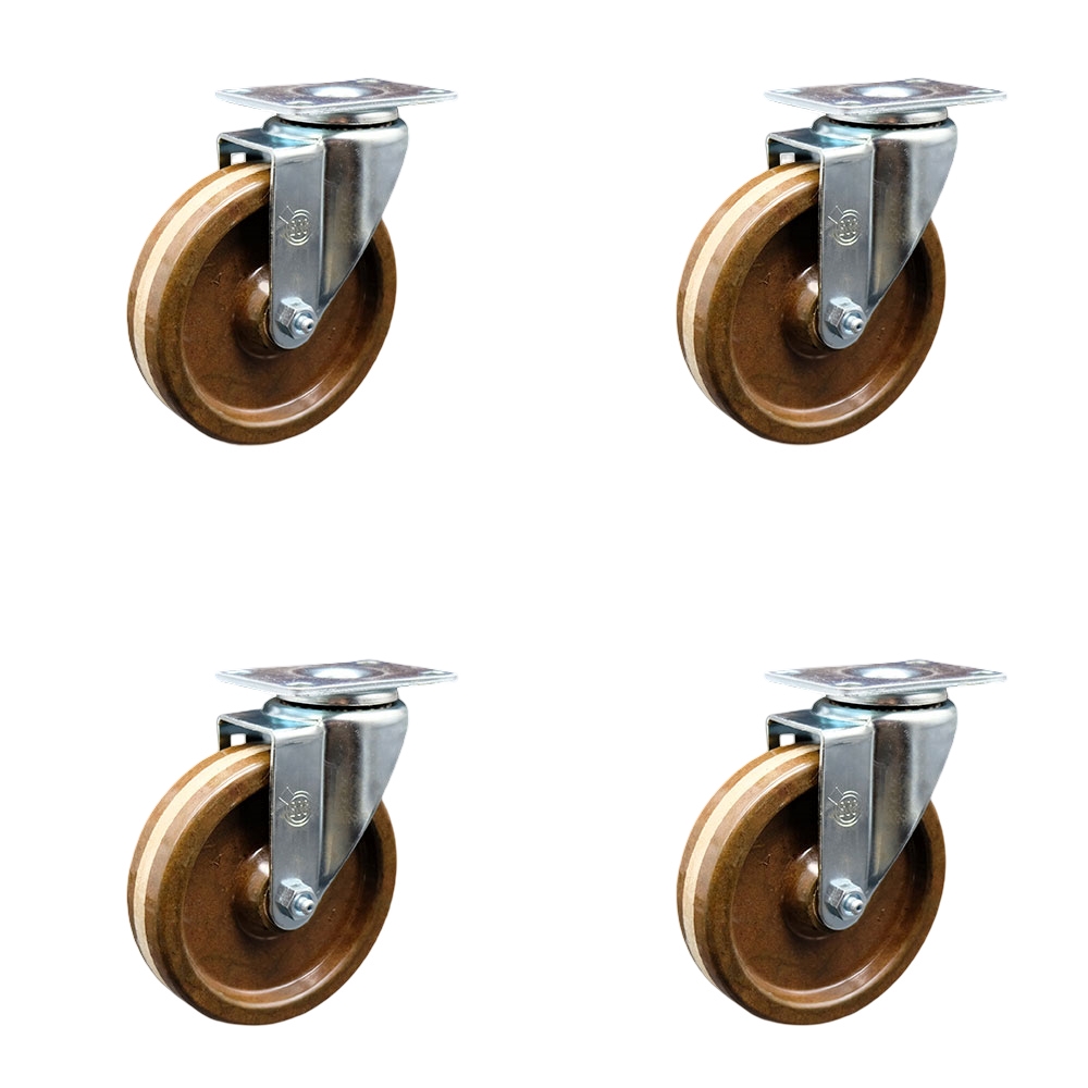 SCC-20S514-PHRHT-4 High Temperature Phenolic Swivel Top Plate Caster with Roller Bearings 5 in. Brown Wheels - Set of 4