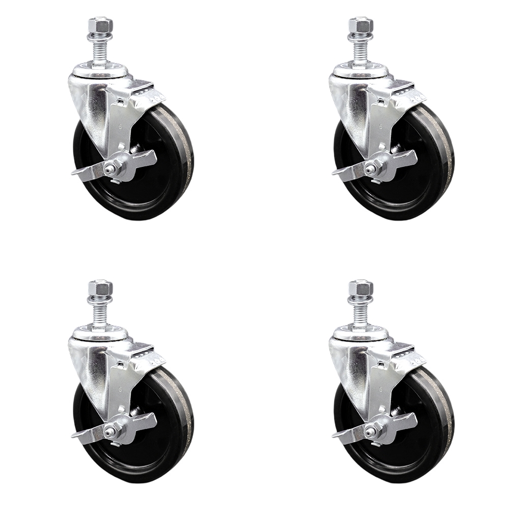 SCC-TS20S514-PHS-TLB-M1215-4 Phenolic Swivel Threaded Stem Caster with 5 x 1.25 in. Black Wheels & 12 mm Stems - Set of 4