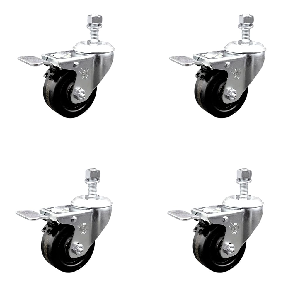 SCC-SSSSTSTTL20S3514-PHS-M1215-4 Stainless Steel Phenolic Swivel Threaded Stem Caster with 3.5 x 1.25 in. Black Wheels & 12 mm Stems - Set of 4