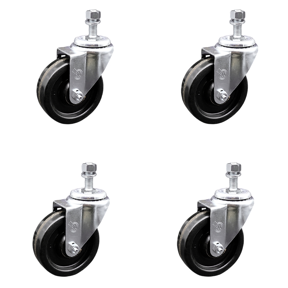 SCC-SSSSTS20S414-PHS-M1215-4 Stainless Steel Phenolic Swivel Threaded Stem Caster with 4 x 1.25 in. Black Wheels & 12 mm Stems - Set of 4