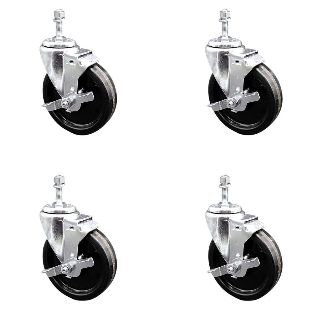 SCC-TS20S514-PHR-TLB-381615-4 Phenolic Swivel Threaded Stem Caster with Roller Bearing with 5 x 1.25 in. Black Wheels & 0.38 in. Stems - Set of 4