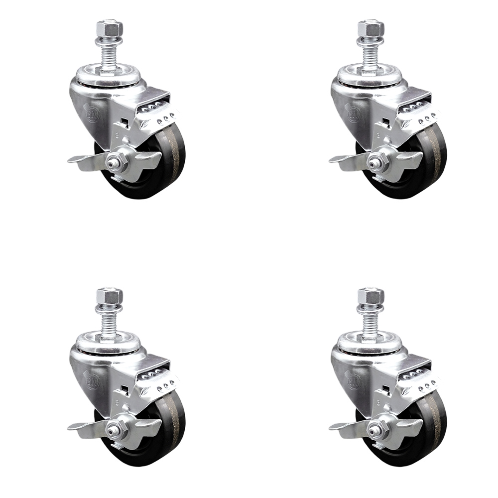 SCC-TS20S3514-PHR-TLB-M1215-4 Phenolic Swivel Threaded Stem Caster with Roller Bearing with 3.5 x 1.25 in. Black Wheels & 12 mm Stems - Set of 4