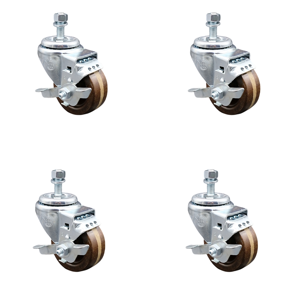 High Temperature Phenolic Swivel Threaded Stem Caster with Roller Bearing with 3 x 1.25 in. Brown Wheels & 0.5 in. Stems - Set of 4