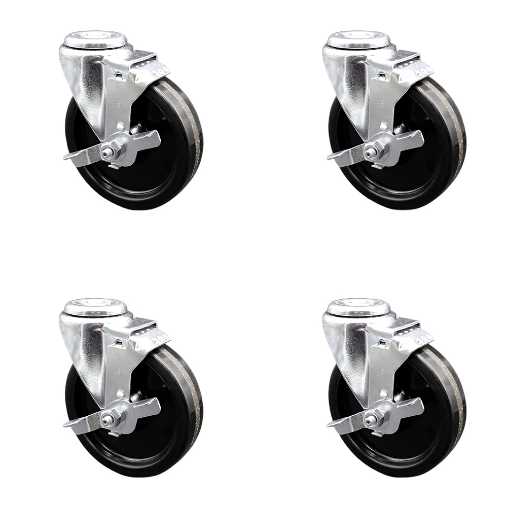 SCC-SSSSBH20S514-PHS-TLB-4 Stainless Steel Phenolic Swivel Bolt Hole Caster with 5 x 1.25 in. Black Wheels - Set of 4