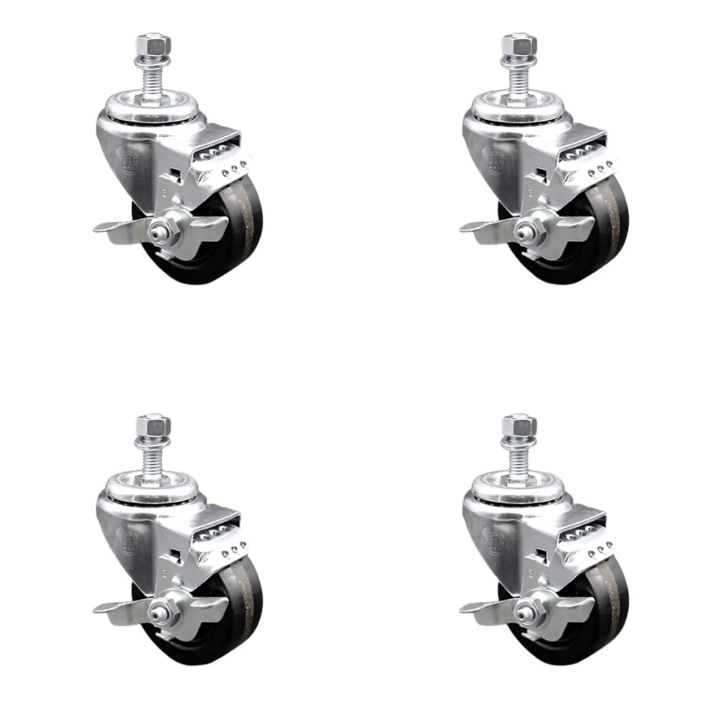 SCC-SSSSTS20S314-PHS-TLB-121315-4 Stainless Steel Phenolic Swivel Threaded Stem Caster with 3 x 1.25 in. Black Wheels & 0.5 in. Stems - Set of 4