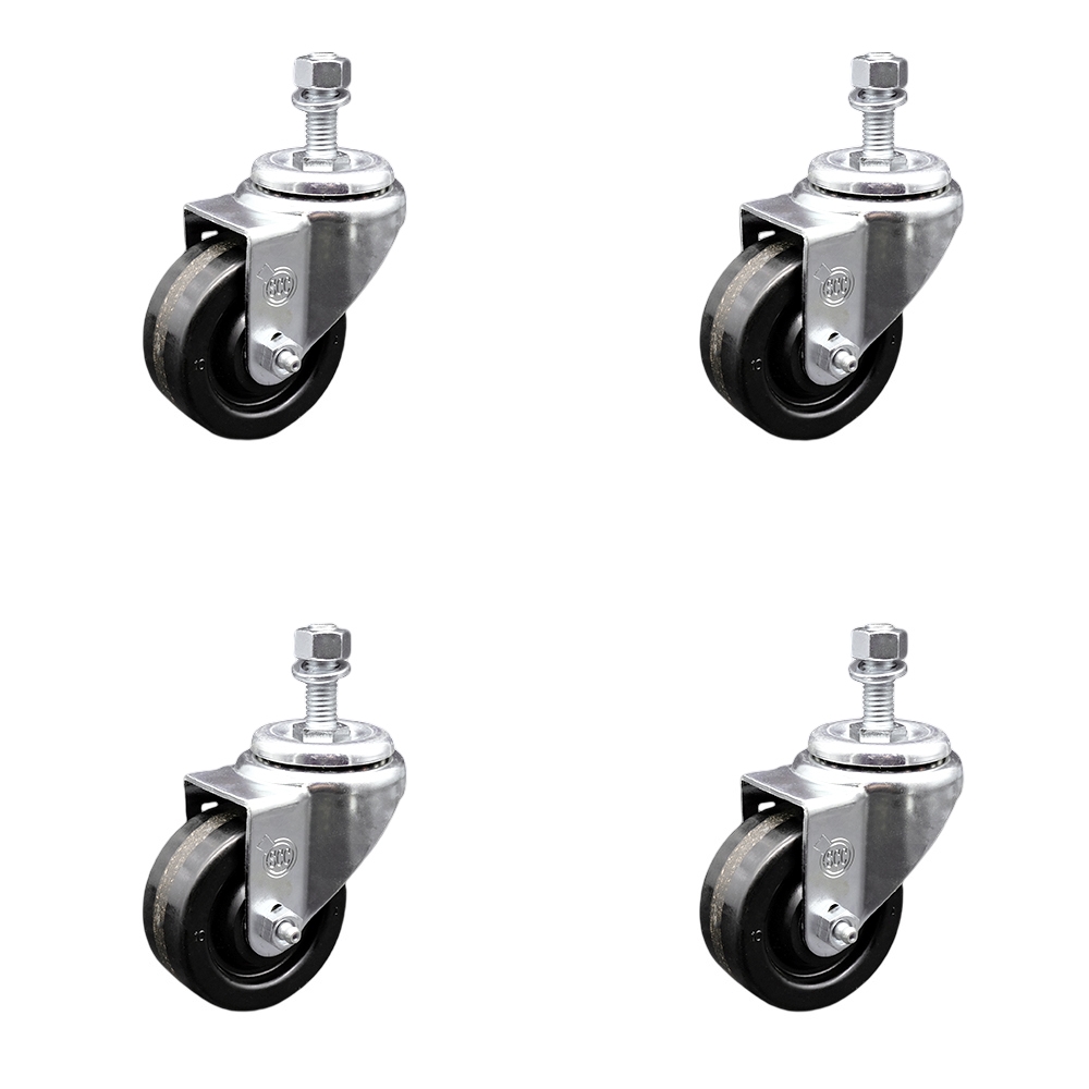 SCC-SSSSTS20S314-PHS-M1015-4 Stainless Steel Phenolic Swivel Threaded Stem Caster with 3 x 1.25 in. Black Wheels & 10 mm Stems - Set of 4