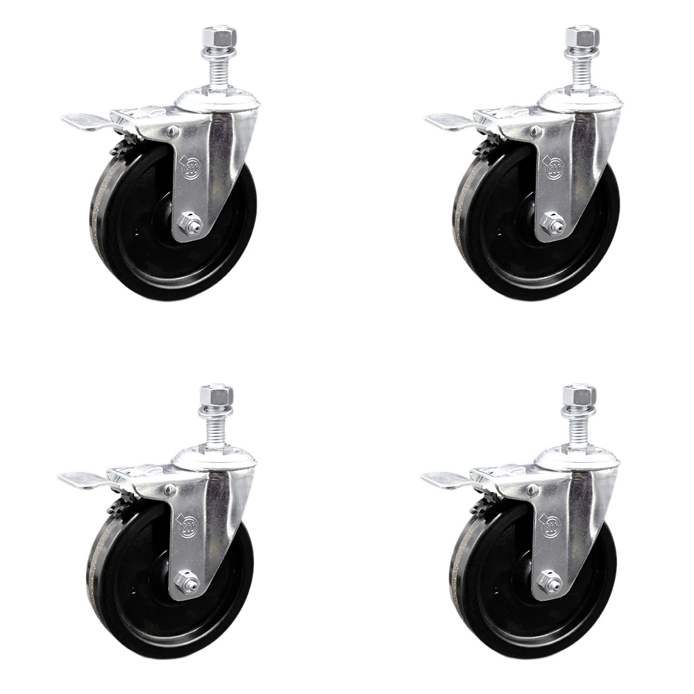 SCC-SSSSTSTTL20S514-PHS-M1215-4 Stainless Steel Phenolic Swivel Threaded Stem Caster with 5 x 1.25 in. Black Wheels & 12 mm Stems - Set of 4