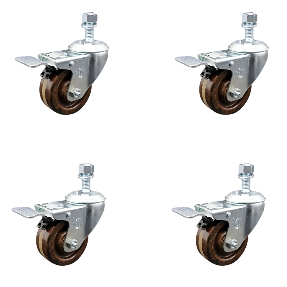 SCC-TSTTL20S314-PHSHT-M1015-4 High Temperature Phenolic Swivel Threaded Stem Caster with 3 x 1.25 in. Brown Wheels & 10 mm Stems - Set of 4