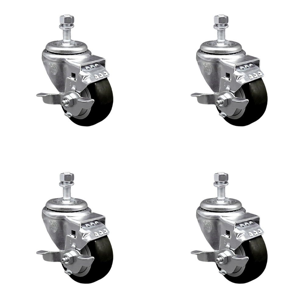 SCC-TS20S314-PPUB-BLK-TLB-121315-4 Polyurethane Swivel Threaded Stem Caster with 3 x 1.25 in. Black Wheels & 0.5 in. Stems - Set of 4