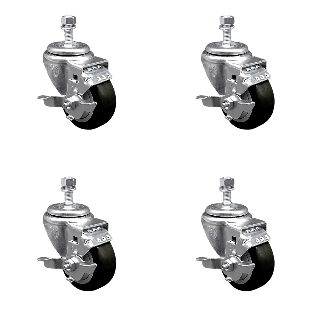 SCC-TS20S3514-PPUB-BLK-TLB-121315-4 Polyurethane Swivel Threaded Stem Caster with 3.5 x 1.25 in. Black Wheels & 0.5 in. Stems - Set of 4