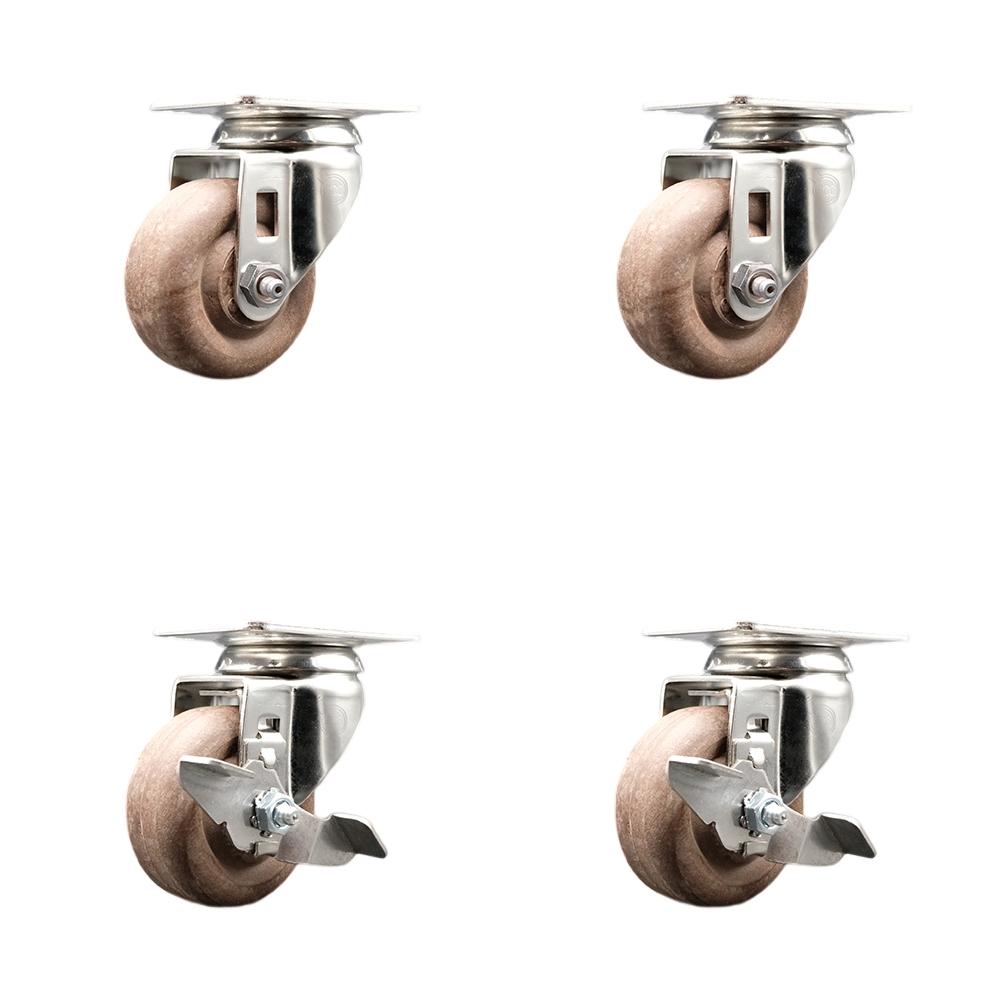 High Temperature Glass Filled Nylon Swivel Top Plate Caster with 3 in. Brown Caster Wheels - 316 Stainless Steel Casters - Set of 4