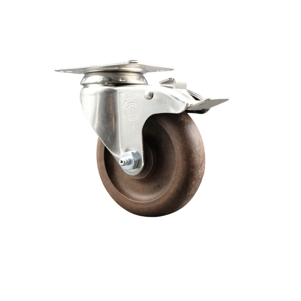 High Temperature Glass Filled Nylon Swivel Top Plate Caster with 4 in. Brown Caster Wheel & Total Lock Brake - 316 Stainless Steel Caster