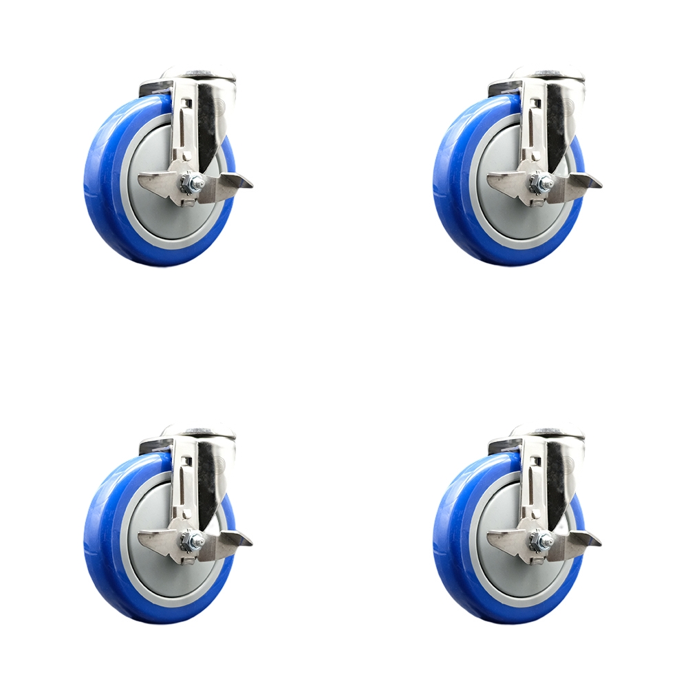 SCC-SS316BH20S514-PPUB-BLUE-TLB-4 Polyurethane Swivel Bolt Hole Caster with 5 in. Blue Caster Wheels - 316 Stainless Steel Casters - Set of 4