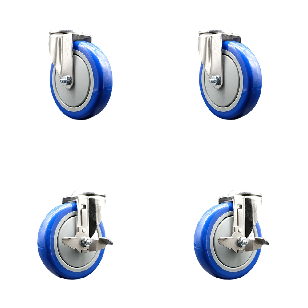 SCC-SS316BH20S514-PPUB-BLUE-2-TLB-2 Polyurethane Swivel Bolt Hole Caster with 5 in. Blue Caster Wheels - 316 Stainless Steel Casters - Set of 4