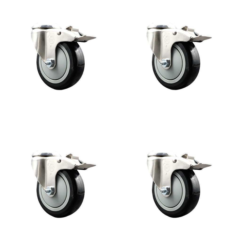 SCC-SS316BHTTL20S414-PPUB-BLK-4 Polyurethane Swivel Bolt Hole Caster with 4 in. Black Caster Wheels 316 Stainless Steel Caster - Set of 4