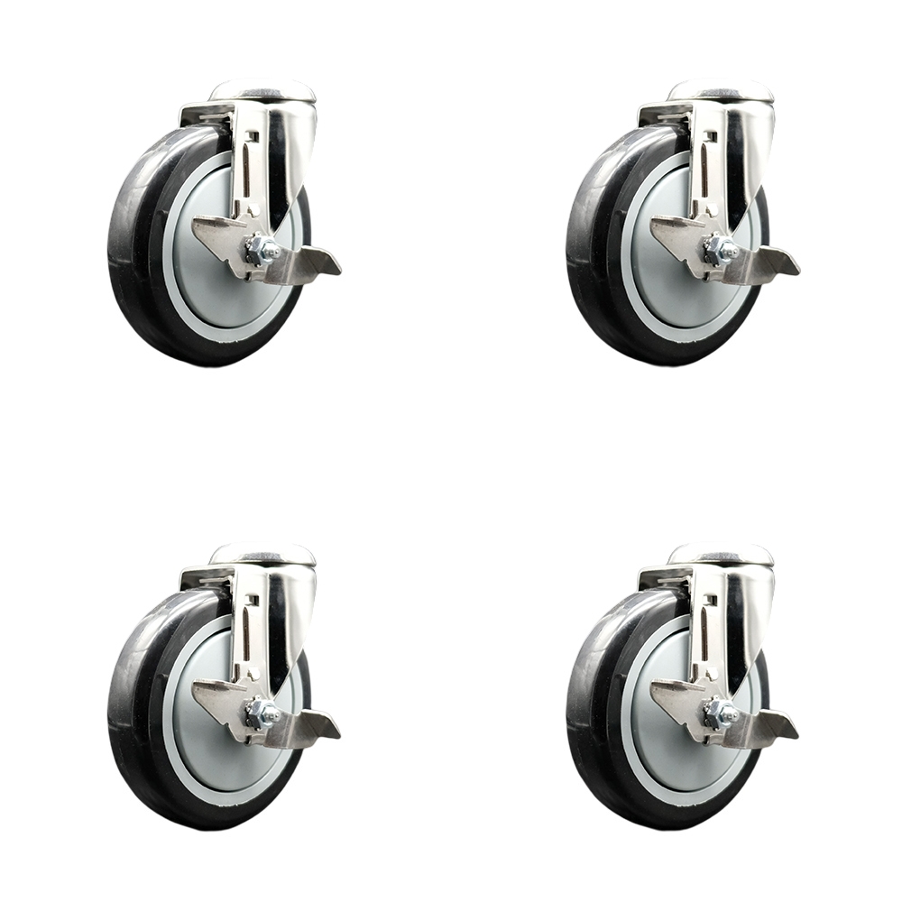 SCC-SS316BH20S514-PPUB-BLK-TLB-4 Polyurethane Swivel Bolt Hole Caster with 5 in. Black Caster Wheels 316 Stainless Steel Casters - Set of 4