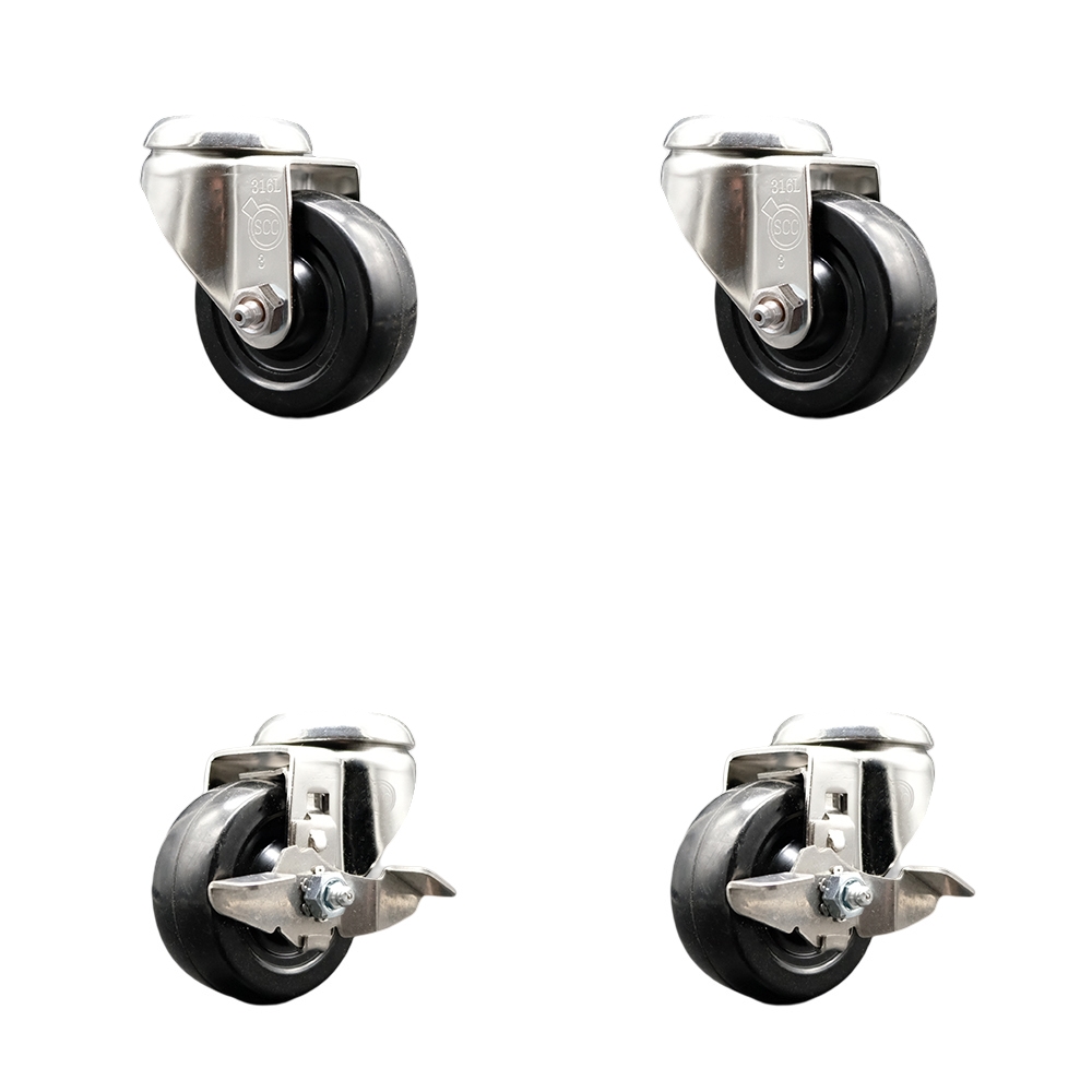 SCC-SS316BH20S314-HRS-2-TLB-2 Hard Rubber Swivel Bolt Hole Caster with 3 in. Black Caster Wheels - 316 Stainless Steel Casters - Set of 4