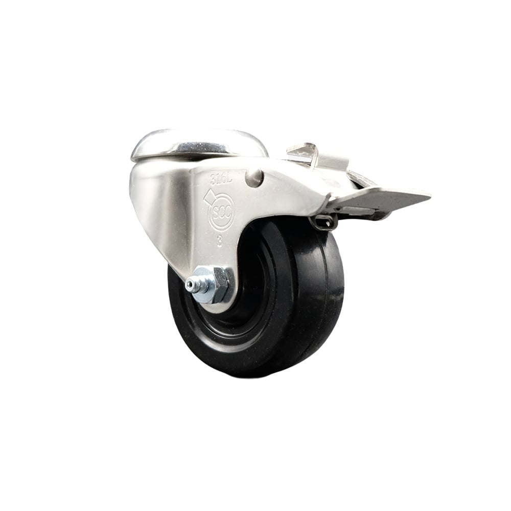 SCC-SS316BHTTL20S3514-HRS Hard Rubber Swivel Bolt Hole Caster with 3.5 in. Black Caster Wheel & Total Lock Brake - 316 Stainless Steel Caster