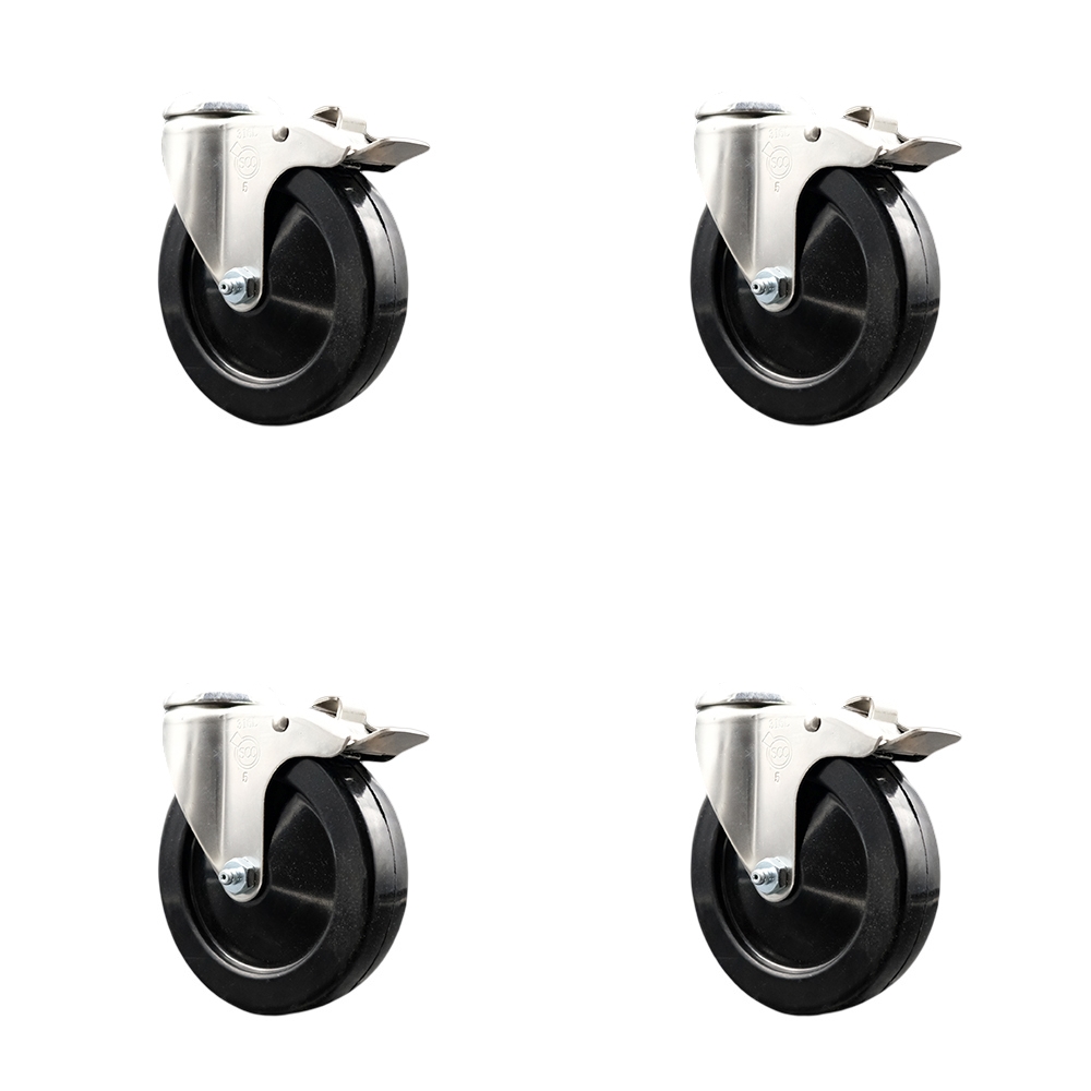 SCC-SS316BHTTL20S514-HRS-4 Hard Rubber Swivel Bolt Hole Caster with 5 in. Black Caster Wheels - 316 Stainless Steel Casters - Set of 4