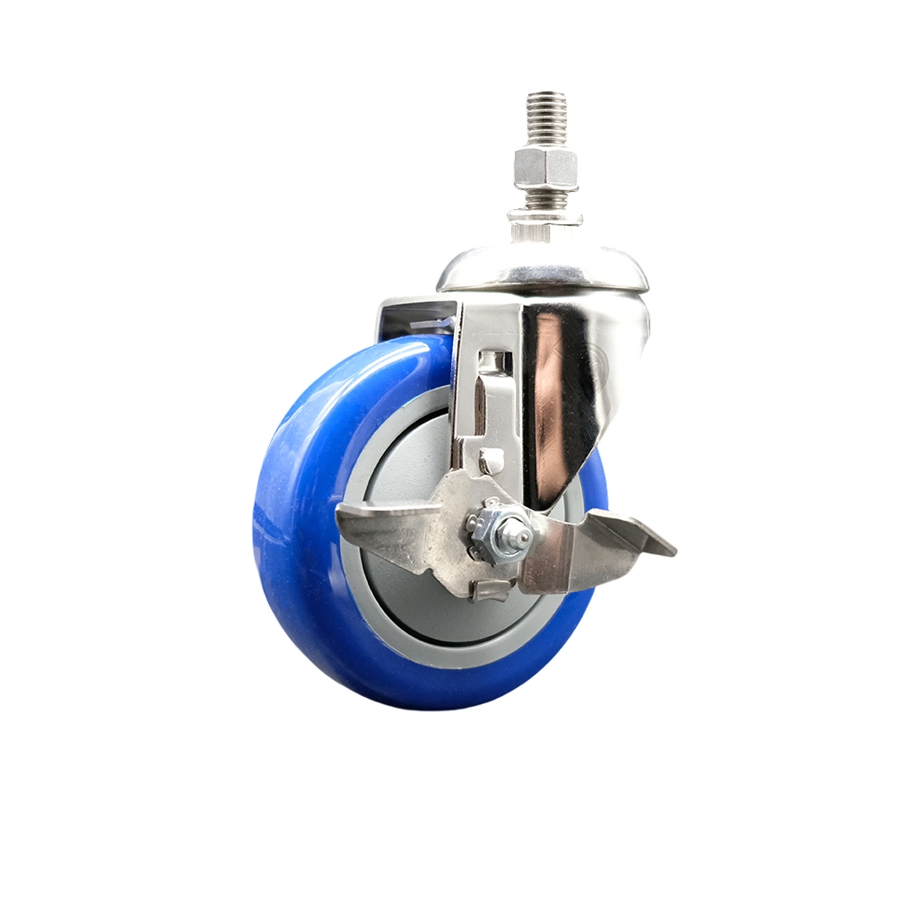 Polyurethane Swivel Stem Caster with 4 in. Blue Caster Wheels & Top Lock Brake, 0.5 in. Threaded Stem - 316 Stainless Steel Caster