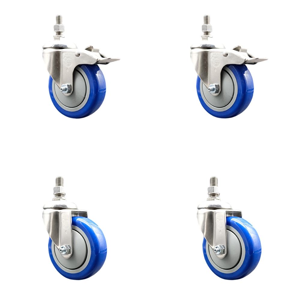 Poly Swivel Stem Caster with 4 in. Blue Caster Wheels, 0.5 in. Threaded Stems - 316 Stainless Steel Casters - Set of 4