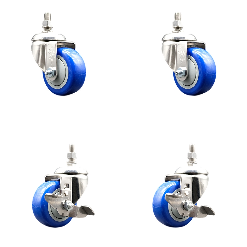 Poly Swivel Stem Caster with 3 in. Blue Caster Wheels, 10 mm Threaded Stems - 316 Stainless Steel Casters - Set of 4