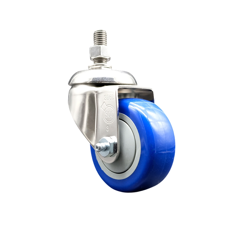 Polyurethane Swivel Stem Caster with 3.5 in. Blue Caster Wheels, 10 mm Threaded Stem - 316 Stainless Steel Caster