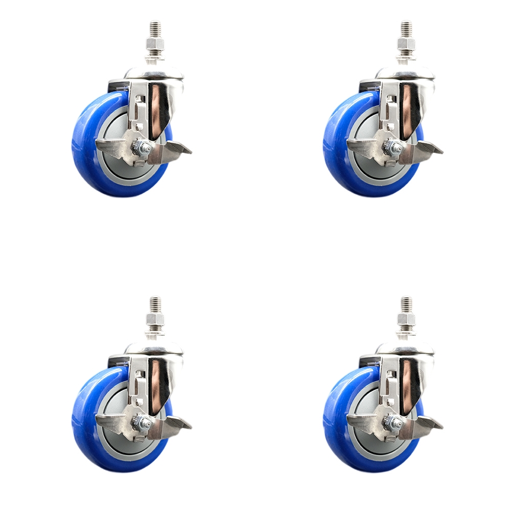Polyurethane Swivel Stem Caster with 4 in. Blue Caster Wheels, 12 mm Threaded Stems - 316 Stainless Steel Casters - Set of 4