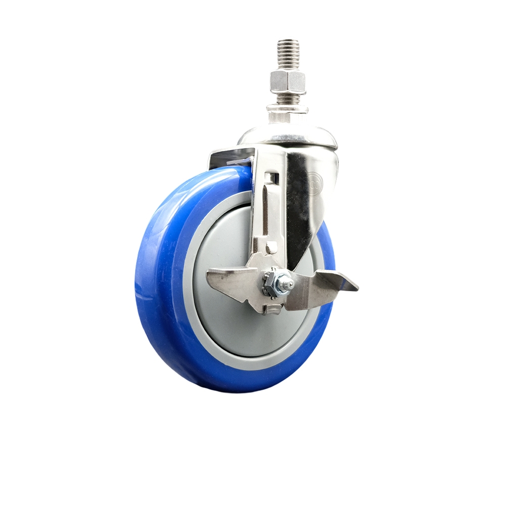 Polyurethane Swivel Stem Caster with 5 in. Blue Caster Wheels & Top Lock Brake, 12 mm Threaded Stem - 316 Stainless Steel Caster