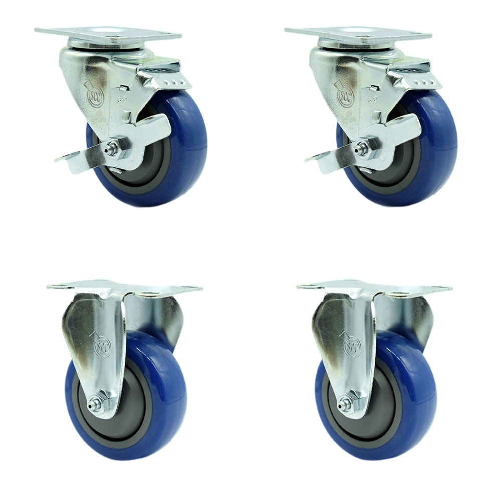SCC-20S3514-PPUB-BLUE-TLB-2-R3514-2 Polyurethane Swivel Top Plate Caster with 3.5 in. Blue Wheels - Set of 4