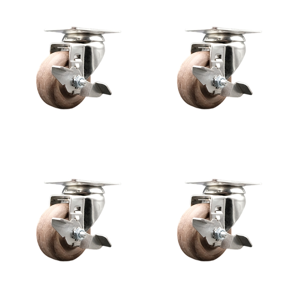High Temperature Glass Filled Nylon Swivel Top Plate Caster with 3.5 in. Brown Caster Wheels - 316 Stainless Steel Casters - Set of 4