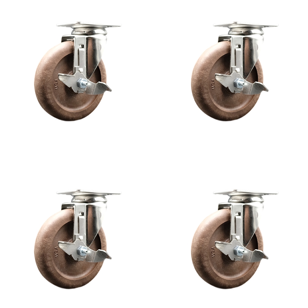 High Temperature Glass Filled Nylon Swivel Top Plate Caster with 5 in. Brown Caster Wheels - 316 Stainless Steel Casters - Set of 4