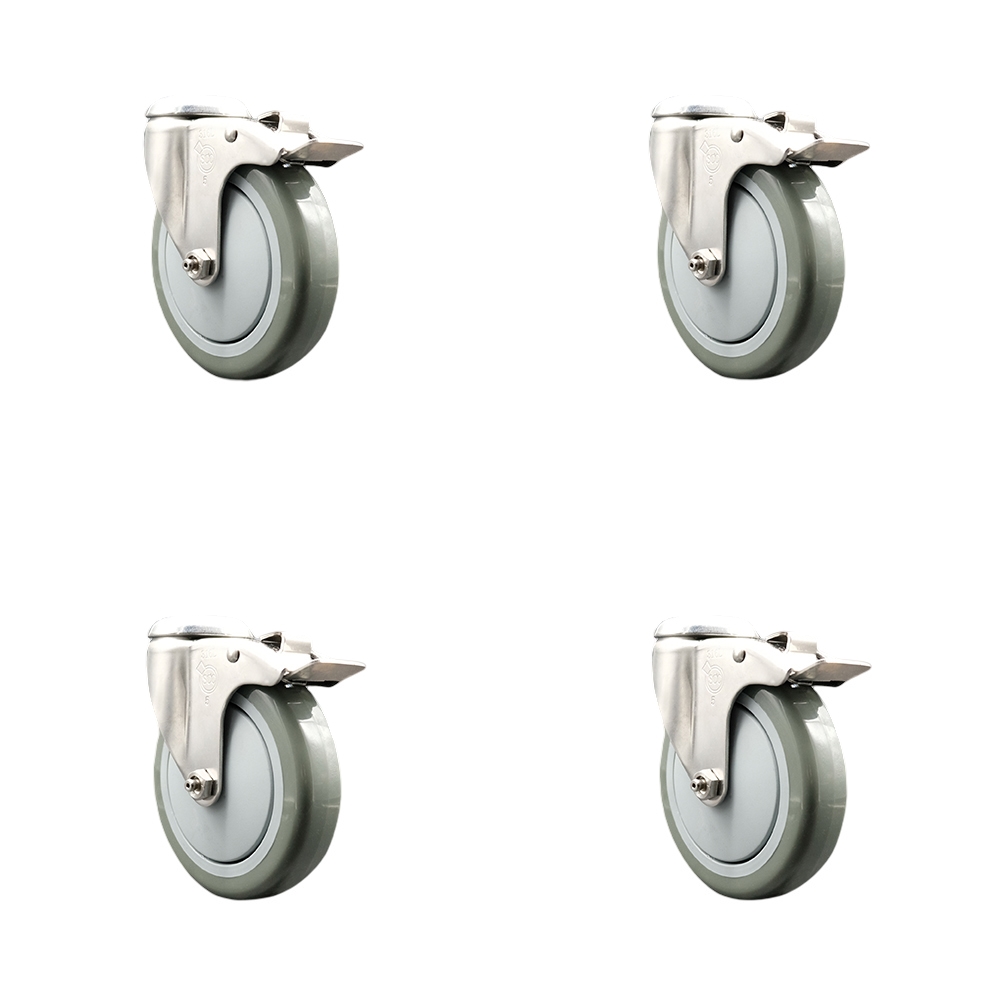 SCC-SS316BHTTL20S514-PPUB-4 Polyurethane Swivel Bolt Hole Caster with 5 in. Gray Caster Wheels 316 Stainless Steel Caster - Set of 4