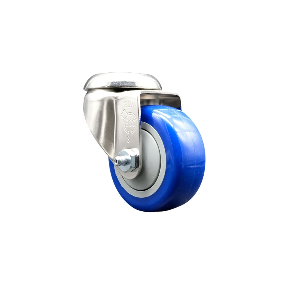 SCC-SS316BH20S314-PPUB-BLUE Polyurethane Swivel Bolt Hole Caster with 3 in. Blue Caster Wheel - 316 Stainless Steel Caster