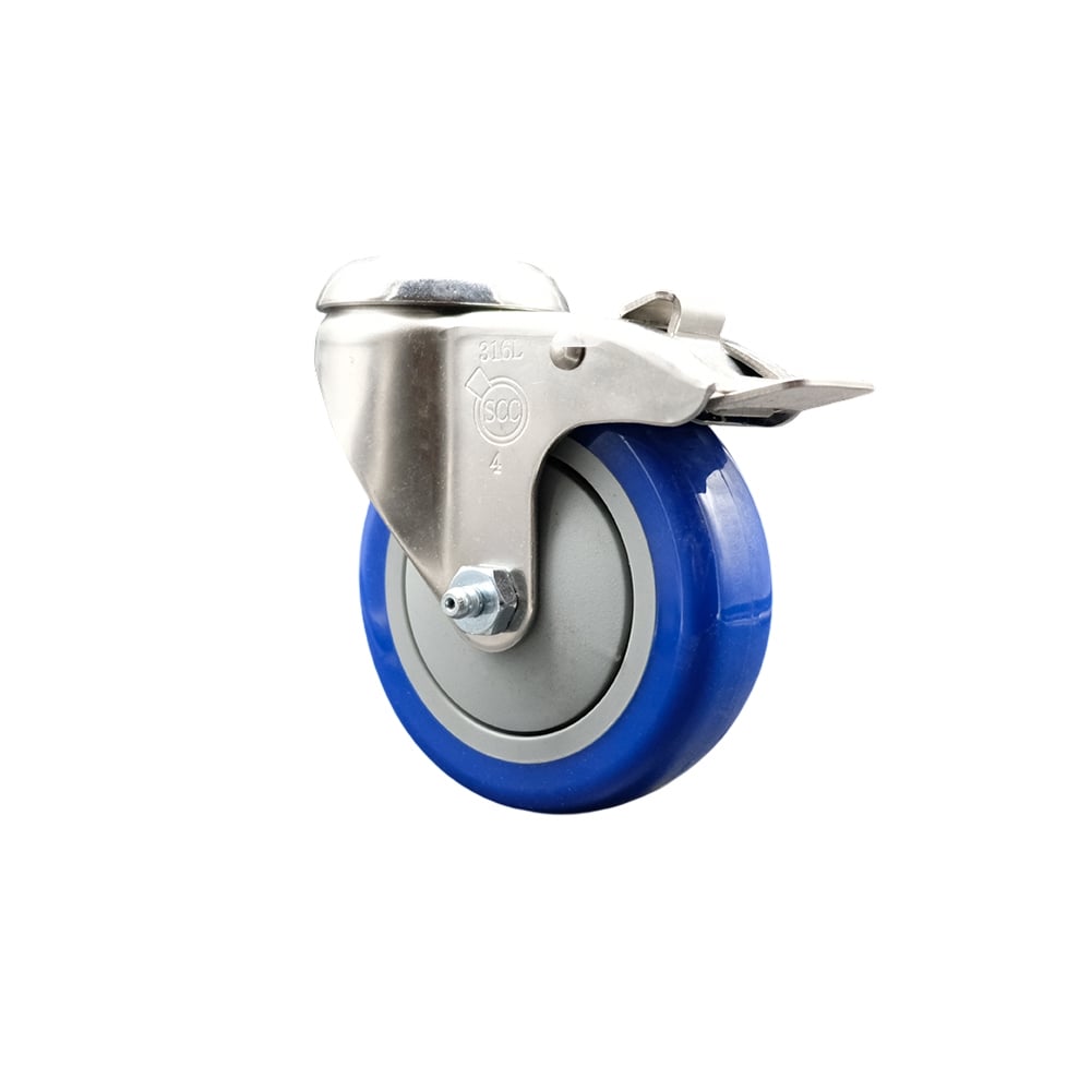 SCC-SS316BHTTL20S414-PPUB-BLUE Polyurethane Swivel Bolt Hole Caster with 4 in. Blue Caster Wheel & Total Lock Brake - 316 Stainless Steel Caster