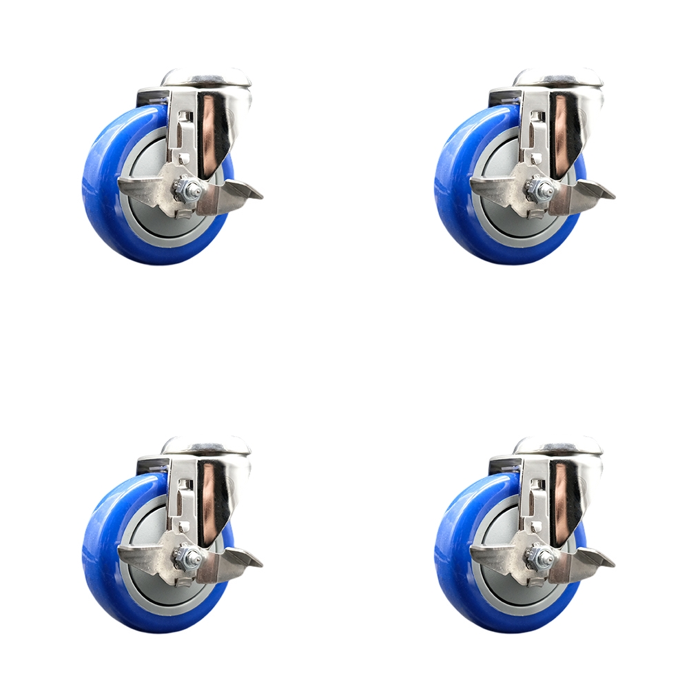 SCC-SS316BH20S414-PPUB-BLUE-TLB-4 Polyurethane Swivel Bolt Hole Caster with 4 in. Blue Caster Wheels - 316 Stainless Steel Casters - Set of 4